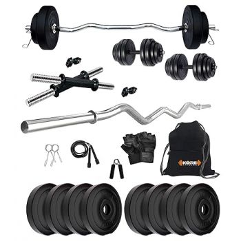 ore PVC 16 Kg Home Gym Set With One 3 Ft Curl And One Pair Dumbbell Rods With Gym Accessories, Black