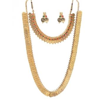 YouBella Jewellery set for women Gold Plated Long Traditional Coin Necklace set and Red Green Choker necklace Jewellery Set with Earrings for Girls and Women