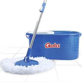 Gala Aqua Spin Mop with 4 Wheels & Big Bucket with 2 Microfiber Refills, Floor Cleaning Mop with Bucket, pocha for Floor Cleaning, Mopping Set (White and Blue)