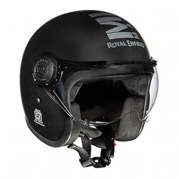 Royal Enfield Open Face MLG Helmet |Made Like a Gun | with Clear Visor | Impact Protection | High Density EPS | ISI and DOT Certified | Micrometric Lock MATT Black (L) 60 CM