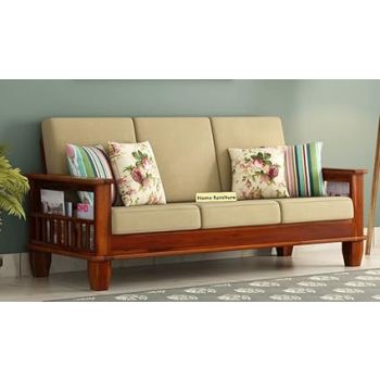 Home furniture Wooden 3 Seater Sofa Set for Living Room and Office (Cream Colour Cushion,Teak Finish) 3-Person Sofa