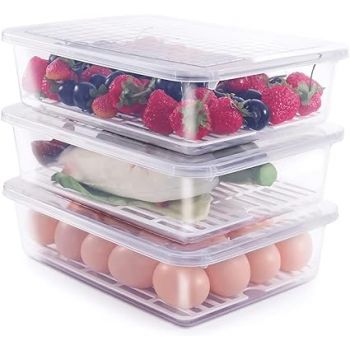 Raawan Fridge Storage Boxes,Fridge Organizer With Removable Drain Plate&Lid,Stackable Portable Freezer Storage Containers Tray To Keep Fresh For Fish,Meat,Vegetables,Fruit (2500Ml,Plastic,Pack Of 2)