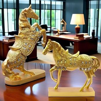 KRAFTSKALA Golden Horse Showpiece Statue Pair – Luxurious Poly Resin Horse Figurines | Majestic Tabletop Home & Office Decor, Ideal Gift for Vastu Feng Shui, Housewarming, Anniversary (Horses)