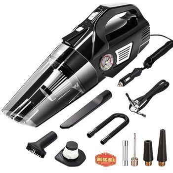Woscherr 578 2in1 Tyre Inflator for Car & Car Vacuum Cleaner, DC12V|150 PSI Air Pump for Car Tyre|120 Watt Car Vacuum Cleaner High Power 5500PA Handheld & LED Light, Long Power Chord for Wet/Dry Use