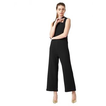 Miss Chase Women's Black Cut-Out Neck Sleeveless Solid Wide Leg Regular Length Jumpsuit