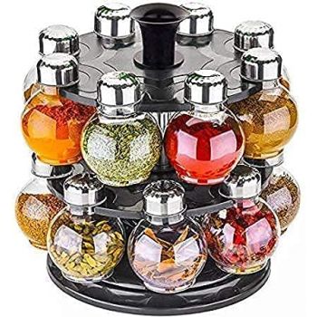 PALAK Multipurpose Plastic Big Revolving Spice Rack 16 in 1 Masala Rack Set Condiment Set Spice Container jar bottle Spice Rack unbreakable (GREY), Tabletop, Tiered Shelf