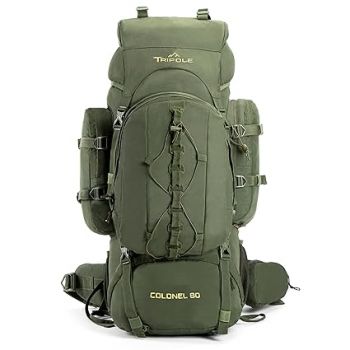 Tripole Colonel Metal Frame 80L Rucksack with Detachable Bag & Rain Cover for Trekking & Travelling | Men & Women | 3 Year Warranty (Army Green, 80)