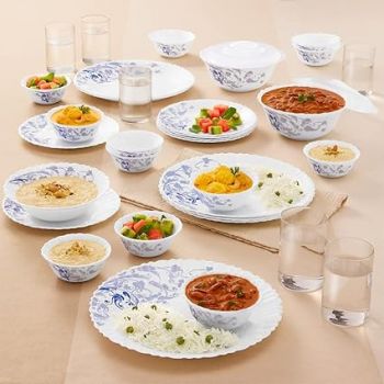 Larah By Borosil Blue Eve Silk Series Opalware Dinner Set with Glasses, 35 Pieces for Family of 6, Microwave & Dishwasher Safe, Bone-Ash Free, Crockery Set for Dining & Gifting, Plates & Bowls, White