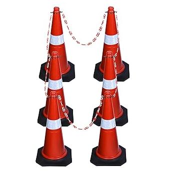 ABS INDUSTRY Safety Cones 6 Cones with 6 Meters S Hook Safety Chain and 6 Hooks Multipurpose PVC Plastic Traffic Safety Cone with Black Rubber Weighted Base and Highly Visible Reflective Collar
