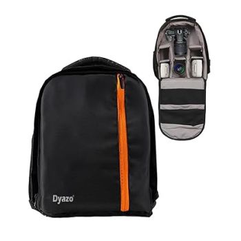 Dyazo Water Resistant Camera Backpack with Extra Front Pocket Photographers Bag with Rain Cover Tripod Holder Compatible for Sony Nikon Canon Panasonic DSLR (Black & Orange)
