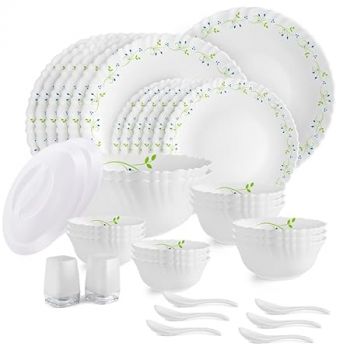 Cello Opalware Dazzle Series Tropical Lagoon Dinner Set, 37 Units | Opal Glass Dinner Set for 6 | Light-Weight, Daily Use Crockery Set for Dining | White Plate and Bowl Se