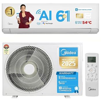 Midea 1.5 Ton 5 Star,5 Years Warranty*, 6-in-1 Convertible AI+ Wi-Fi Smart Inverter Split AC (Copper,Cooling at 54℃, KW Display,PM 2.5 Filter,4 Way Swing,Santis Pro-X RYL (Wi-Fi), MAI20SP5R35W0,White)