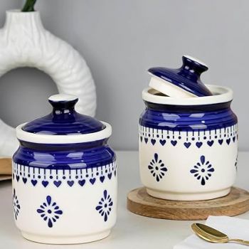 The Earth Store Blue Drape 650 ML Ceramic Pickle Jars Set of 2 | Barni Jar with Lid | Ceramic Storage Jar Container Pickle/Achar, Sauces, Chatney, Sugar