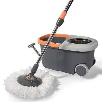 PRIME PICK 360° Spin Mop & Extendable Ceiling Fan Cleaning Brush Stainless Steel Wringer Big Wheels, Puller Handle Microfiber Dry, Wet Mop for Floor Wall & Fan Cleaning, 2 Microfiber Refills Big Size