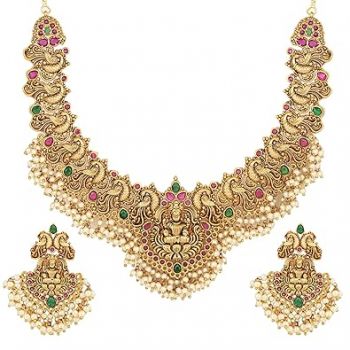 Shining Diva Fashion Latest Stylish Fancy Pearl Choker Traditional Jewellery Set for Women | Temple Necklace Set | Festive Wedding Party Necklace | 22k Gold Plated | Just Like Original Gold Jewellery