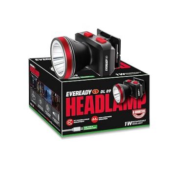 Eveready Headlamp DL89, Rechargeable 1W Emergency Head Light Torch, 90° Tilt, Easy to Mount (Can Be Worn Without A Helmet), Type-B/Micro-USB Fast Charging, Powered by Li-Ion Battery