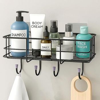 Plantex Bathroom Organizer Without Drill/GI Steel Self Adhesive Bathroom Shelf for Wall with Magic Stickers - Pack of 1 (Black, CED Powder Coated)