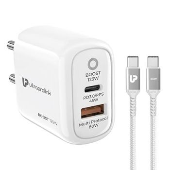 UltraProlink 125W USB C and USB-A PD- PPS Fast Charger | Type C Adapter | 80W USB-A and 45W USB-C Port | Compatible for Samsung, iPhone 15/16, Nothing, Motorola |1m USB C-C Cable|UM1134C |Boost 125