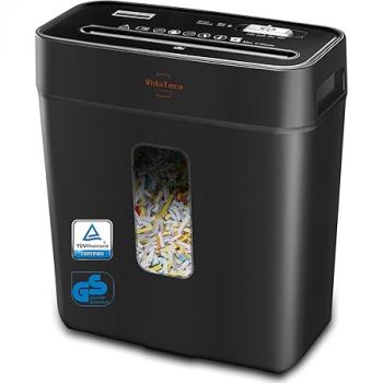 VidaTeco Cross-Cut Shredder, Heavy Duty 6 Sheet Shreds Paper/Card/Staple/Clip Paper Shredder for Home Office, High-Security Level P-4 Jam Proof System 11.5L Liftout Basket Black