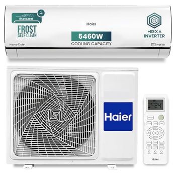 Haier 1.6 Ton 5 Star HEXA Inverter Split AC (5460W, Copper, Heavy Duty, 4 way Swing, Frost Self Clean, 7 in 1, HD Filter, Cools at 60°C, 20 Mtr. Air Throw - HSU19K-PYSC5BN-INV, White)