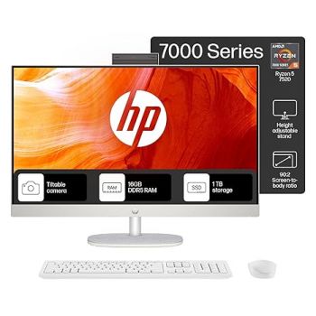 HP All-in-One PC Ryzen 5 7520U 27-inch(68.6cm) FHD IPS Display, 16GB LPDDR5, 1TB SSD, AMD Radeon Graphics, Wireless Keyboard and mouse combo, FHD Camera, (Win 11, MSO, Shell White, 6.72Kg) 27-cr0445in