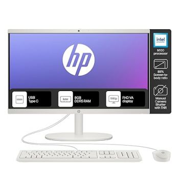HP All-in-One Desktop,Intel® Celeron -N100,21.45 inch(54.5cm),FHD,Anti-Glare,8 GB DDR5, 512GB SSD,Dual 2W Speakers,White Wired Keyboard and Mouse Combo,White, Windows 11, 4.17kg,22-dg0153in