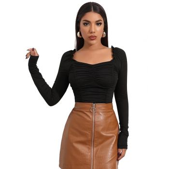 Shasmi Women's & Girl's Full Sleeve, Sweat Hear Neck, Frill Trim Ruched Crop Top for Women, Tops, Slim Fit T-Shirts for Girls (Top 71 Black Small)