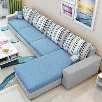 CASASTYLE Adona 5 Seater Fabric RHS L Shape Sofa Set (Sky Blue-Light Grey)