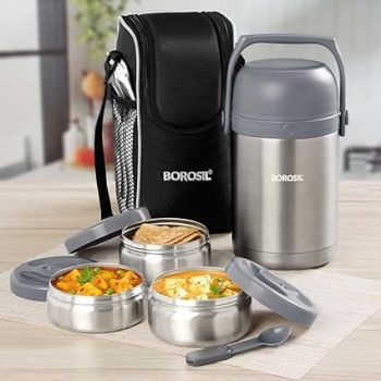 Borosil Hot N Fresh Stainless Steel Insulated Lunchbox | 3pc Round Container Set (420ml x 2 + 350ml x 1) with 1.8L Outer Body | Keep Food Warm Upto 8 Hours | Tiffin for School, Office, College | Grey