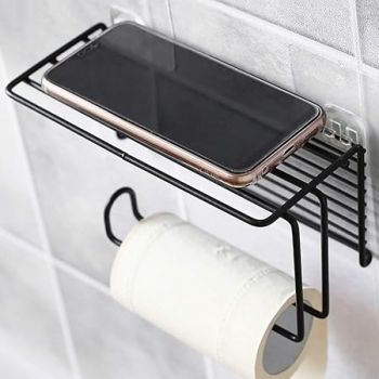Zollyss 1 Pc Adhesive Toilet Paper Holder with Shelf Tissue Paper Roll Towel Holder Storage Rack - (Standard Size, Black)