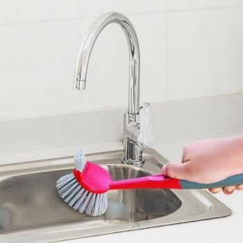 Cello Kleeno Dual Action Sink and Dish Brush | Featuring Flexible Bristles, Hanging Provision, Rubberised Handle, and Tough Bristles for Stubborn Stains | Red and Grey