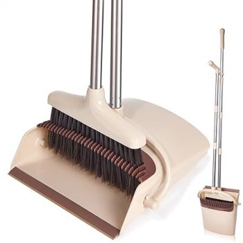 XXXFLOWER Large Broom and Dustpan Set with 54.5" Long Handle for Indoor Outdoor Home Kitchen Office Room Pet Dog Hair Lobby Wood Floor Use Upright Stand Up Broom and Dustpan Combo(Beige