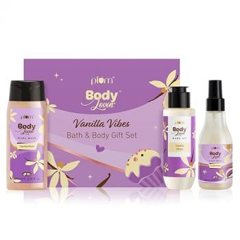 Plum BodyLovin' Vanilla Vibes Bath & Body Gift Set | Body Wash | Body Mist | Body Oil | Long-Lasting Warm Vanilla Fragrance | Gift Set For Women | Gifting For Birthday, Valentine's, Anniversary, Rakhi & Special Occasions| Premium Gift Packaging | Pack Of