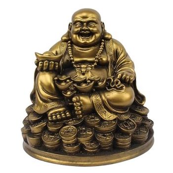 Petrichor Resin Fengshui Figurine Laughing Buddha Sitting on Luck Money Coins Carrying Golden Ingot for Good Luck & Happiness (5 Inches,Gold, 1 Piece) - Home Deocration Gifting (Made in India)