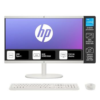HP All-in-One Desktop Intel® Core™ i3-N300,21.5 inch(54.5cm),FHD,Anti-Glare,8 GB DDR5, 512GB SSD,White Wireless Keyboard and Mouse Combo,White, Windows 11, 4.17kg,22-dg0786in