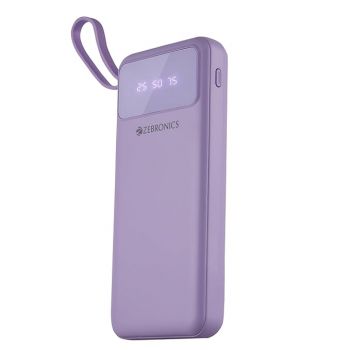 ZEBRONICS MB10000S6 (V1) Power Bank, 10000 mAh, 12W, 5 x Outputs - Dual USB A | Type C | Micro USB | Lightning, Built in I/O Cables, Percentage Display, Carry Loop, Made in India (Lavender)