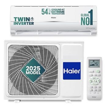 Haier 1.5 Ton 3 Star Twin Inverter Split AC (Copper, 5 in 1 Convertible, Anti Bacterial Filter, Cools at 54°C Temp, Long Air Throw - HSU17V-TMS3BN-INV, White)