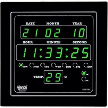 Ajanta Quartz Glass Abstract Digital Green LED Square Wall Clock OLC - 302 (25.4 cm x 25.4 cm x 3.5 cm)