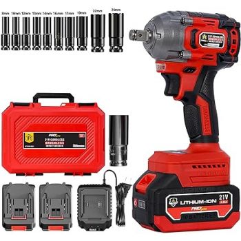 JPT Combo New PRO Series 21V Cordless Impact Wrench | 570NM Torque | 4400RPM | 1/2" Square Driver | 2x Batteries | Fast Charger | LED Light | Carrying Case | 10 Pcs Impact Socket (8MM To 24MM)