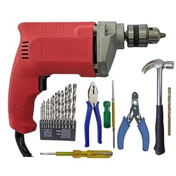 Inditrust 100% Copper Winding 6-Month Warranty 10mm Electric Drill machine with13pc HSS Plier Masonry bit 2in1 Screwdriver Wire Cutter Claw Hammer Electric Tester (Pack of 8) (RED)