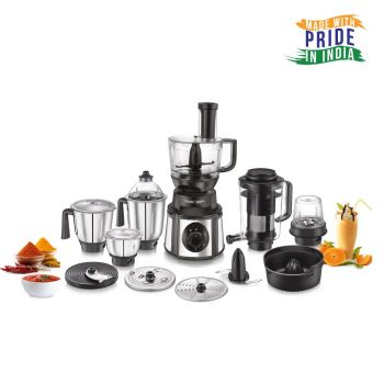 Prestige Endura Pro 1000W Multi Functional Mixer Grinder With Ball Bearing Technology|6 Jars With Food Processing Attachments |14 Different Functionalities|Black & Silver - 1000 Watts