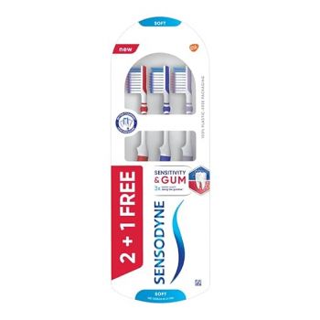Sensodyne Sensitivity & Gum Manual Toothbrush for adults with Soft Bristles & Duoflex Neck for Better Cleaning, Multicolor, 3N (2N + 1 N free)