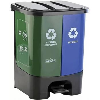 Nayasa 2-in-1 Pedal Dustbin – 33 L (16.5 L Each) | Dual Compartment Wet & Dry Waste Bin with Detachable Inner Bins | Hygienic Plastic Pedal Bin | Green & Blue