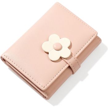 Valerie Cute Small Wallets for Teen Girl Women PU Leather Trifold Small Wallet Cash Pocket 3D Floral Buckle Card Holder Coin Purse with ID Window for Girls Women (Pink)