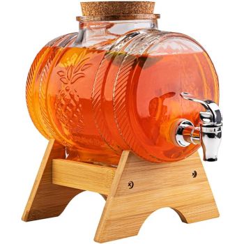 Mevanta 3 Liter Glass Iced Drink Dispenser with Spout & Tap, Lid & Wooden Stand Cold Beverage Dispenser for Water, Juice,Beer,Cocktails,Home & Restaurant,Office, Bar, Party (VM-06)