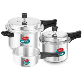 Pigeon by Stovekraft Aluminium Outer Lid Pressure Cooker Combo 2 litre, 3 litre, and 5 litre, Induction Base - 12685 (Silver)