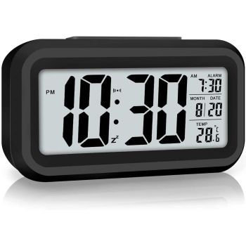 AERYS Digital Alarm Clock with Automatic Sensor, Date and Temperature Display, Compact Desk Table Clock for Students, Home, Office, Bedroom, Living Room,Home Decor, Corporate Use (Black Digital)