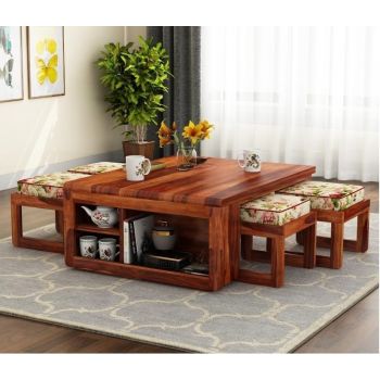 WOODEN GARDEN Vesta Coffee Table for Living Room | Coffee Table with 4 Stools | Center Table | Tea Table | Sofa Set Center Table in Honey Finish