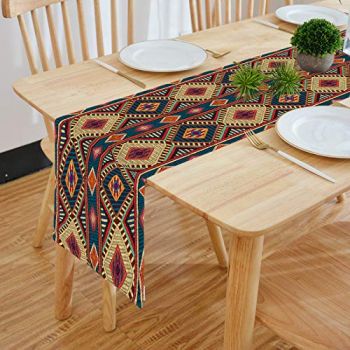 HOMA DORN Cotton Feel Modern Patterns Digital Printed Double Layered Enhanced Decor 6 Seater Table Runner Cloth (TR-07, Multicolor, 13 x 72 Inches)