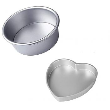 Kanshita's Rasoiware Aluminium Heart Shape Cake Mould 7 Inch & Aluminium Round Shape Cake Mould 7 Inch -Set Of 2, Silver